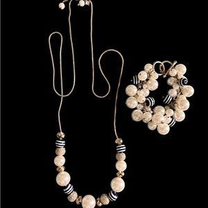 Navy striped bead/white faux pearl necklace/ bracelet. Yellow gold metal.